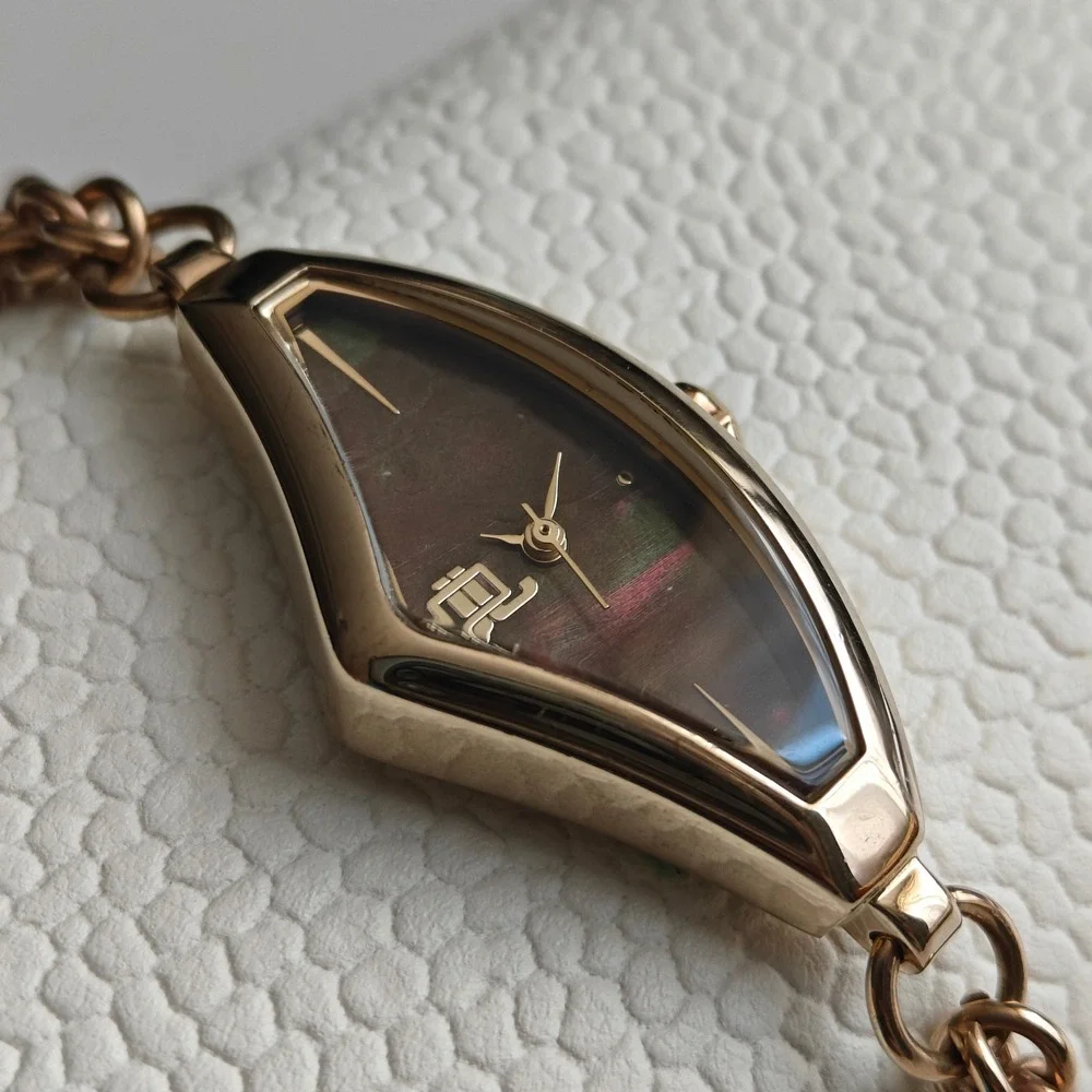 Jennifer Lopez Gold Tone Asymmetrical Watch Bracelet Brown Iridescent Chain Link